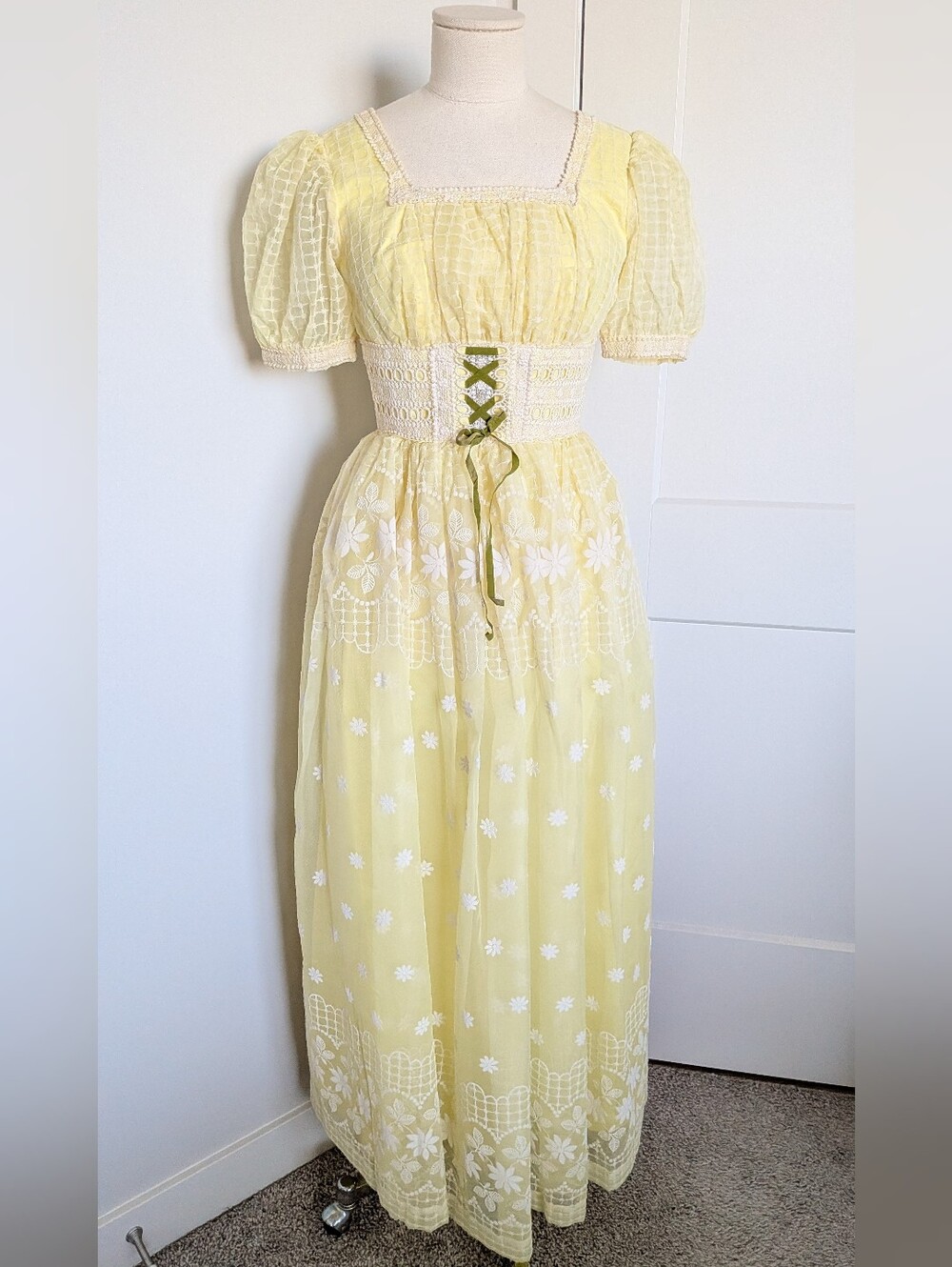 Vintage 70s Jerell of Texas Yellow Prairie Maxi Dress Corset Lace Up